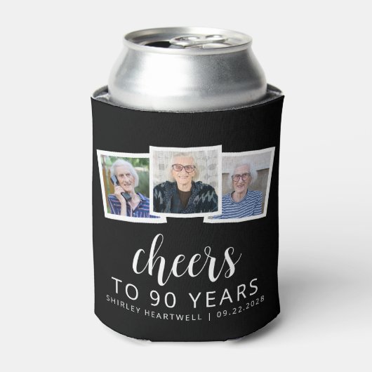 90e verjaardag 3-foto zwart wit script proost blikjeskoeler (Blikje Voorkant)