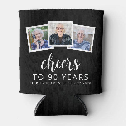 90e verjaardag 3-foto zwart wit script proost blikjeskoeler (Voorkant)