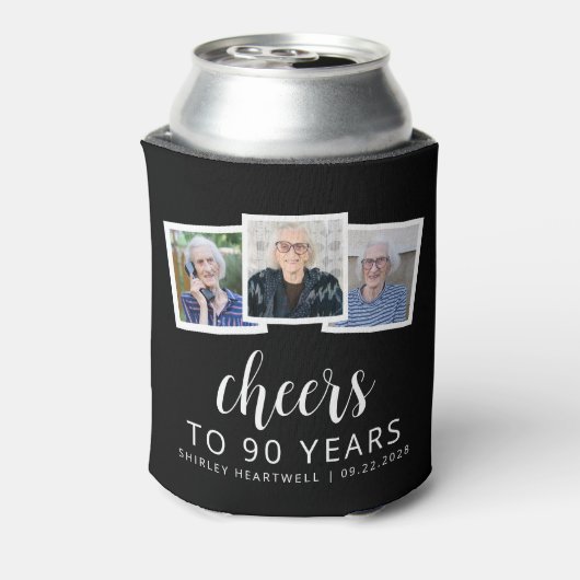 90e verjaardag 3-foto zwart wit script proost blikjeskoeler (Blikje Achterkant)