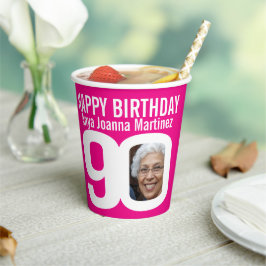 90e verjaardag aangepast op twee foto roze wit papieren bekers