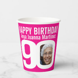 90e verjaardag aangepast op twee foto roze wit papieren bekers