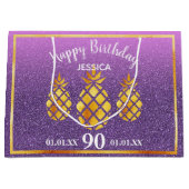 90e verjaardag ananassen paarse roze glitter naam groot cadeauzakje (Voorkant)