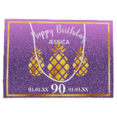 90e verjaardag ananassen paarse roze glitter naam groot cadeauzakje (Achterkant)