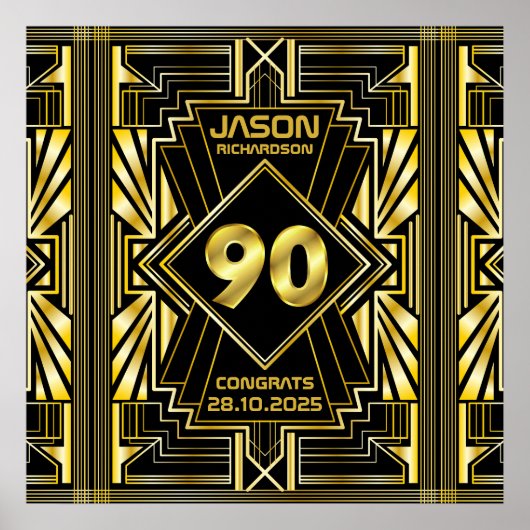 90e verjaardag Art Deco Gold Black Grote Gatsby Poster (Voorkant)