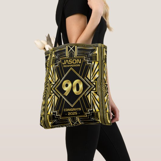 90e verjaardag Art Deco Gold Black Grote Gatsby Tote Bag (Dichtbij)
