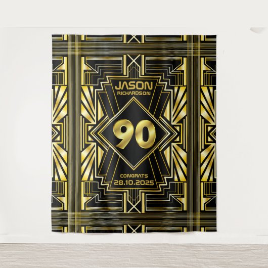 90e verjaardag Art Deco Gold Black Grote Gatsby Wandkleed (Voorkant)