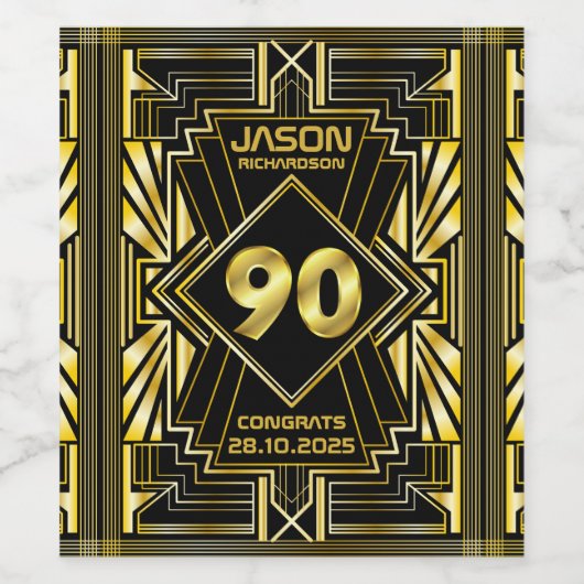 90e verjaardag Art Deco Gold Black Grote Gatsby Wijn Etiket (Enkel label)