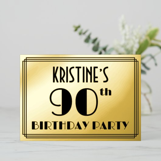90e verjaardag — Art Deco Kijk "90" + Naam Folie Uitnodiging (Staand Voorkant)