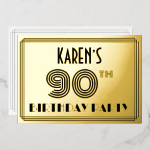 90e verjaardag — Art Deco Style "90" en naam Folie Uitnodiging