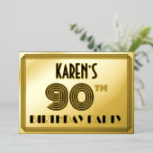90e verjaardag — Art Deco Style "90" en naam Folie Uitnodiging (Staand Voorkant)