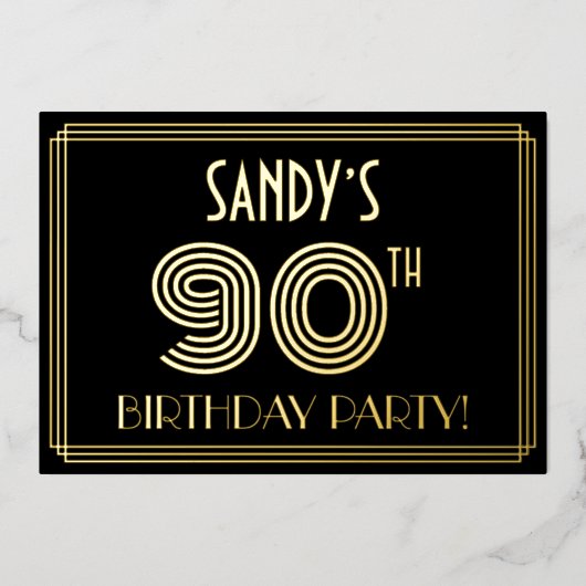 90e verjaardag — Art Deco Style "90" + Naam Folie Uitnodiging (Voorkant)