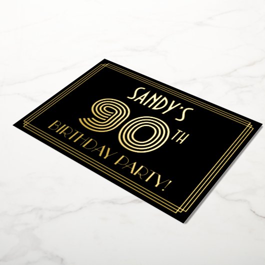 90e verjaardag — Art Deco Style "90" + Naam Folie Uitnodiging (Gedraaid)