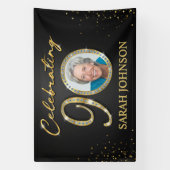90e verjaardag banner, zwart goud aangepaste foto  spandoek (Verticaal)