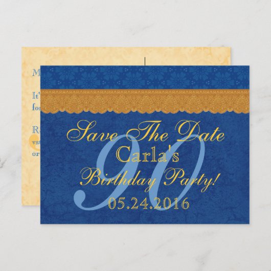 90e verjaardag Bewaar de datum Blauw en Goud Kant Aankondigingskaart (Voorkant / Achterkant)