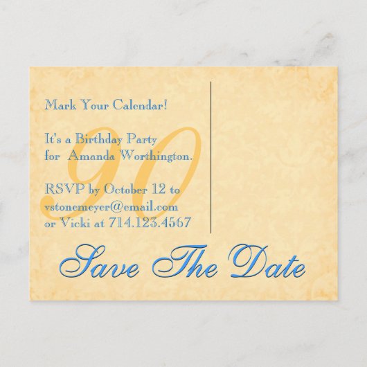 90e verjaardag Bewaar de datum Blauw en Goud Kant Aankondigingskaart (Achterkant)