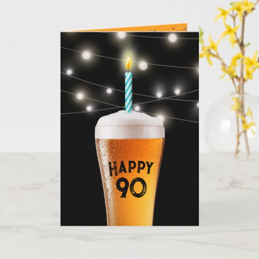 90e verjaardag bier met kaars kaart (Gele Bloem)