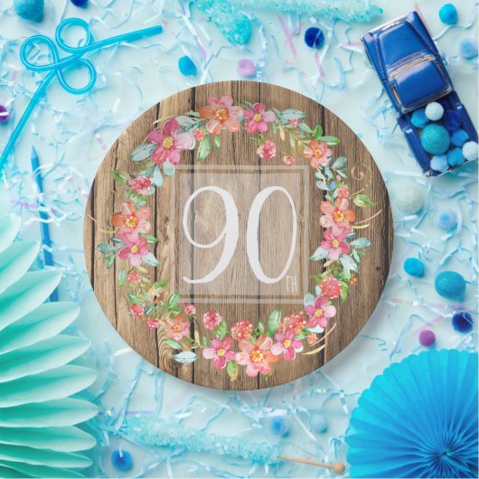 90e verjaardag, bijtende waterverf bloemen papieren bordje (Feest)