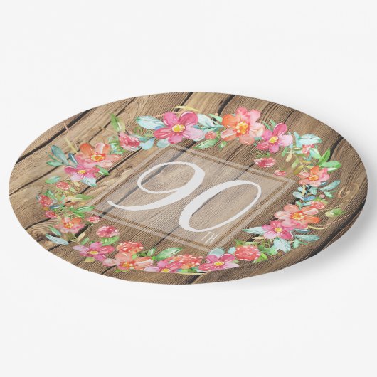 90e verjaardag, bijtende waterverf bloemen papieren bordje (Gekanteld)