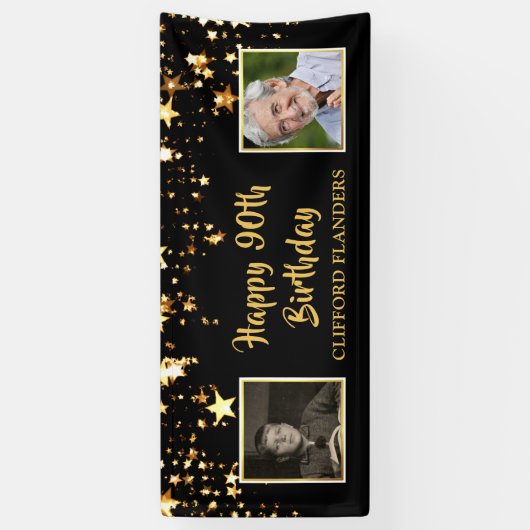 90e verjaardag Black Gold Stars Foto's gepersonali Spandoek (Verticaal)