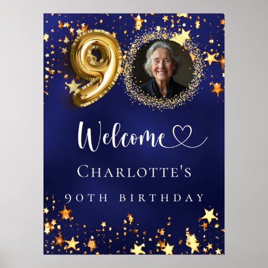 90e Verjaardag blauw goud sterren foto welkom Poster (Voorkant)