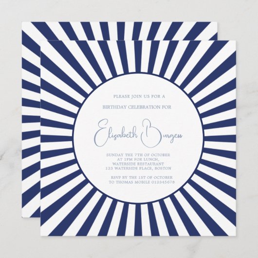 90E Verjaardag Blauw Wit Stripe Stijlvol Kaart (Voorkant / Achterkant)