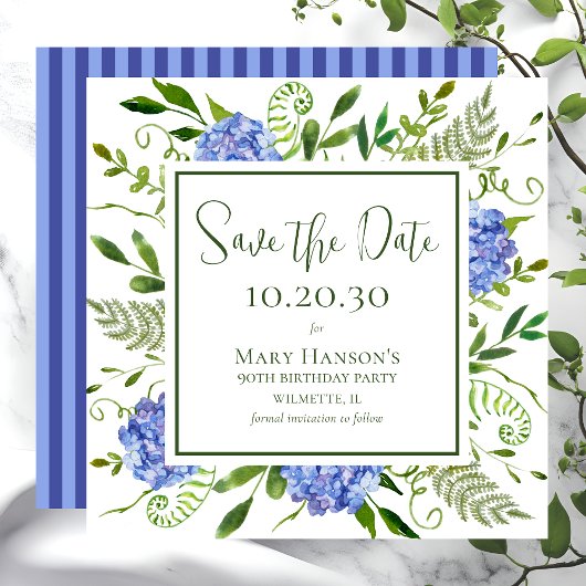 90e verjaardag Blauwe Hortensia's Save The Date