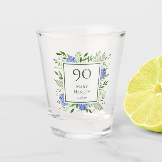 90e verjaardag Blauwe Hortensia's Shot Glas (Voorkant)