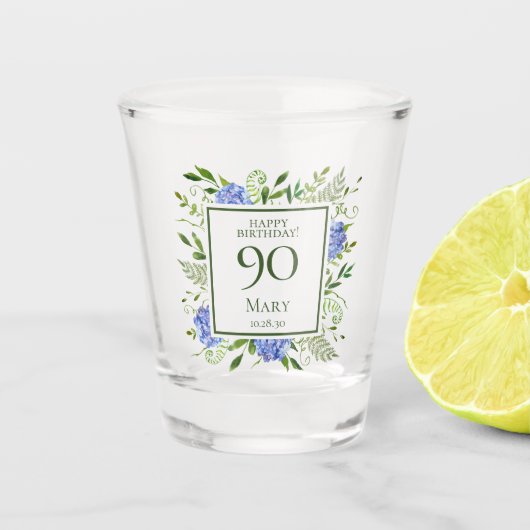 90e verjaardag Blauwe Hortensia's Shot Glas (Voorkant)