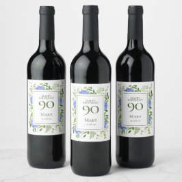 90e verjaardag Blauwe Hortensia's Wijn Etiket