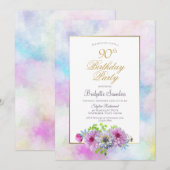 90e verjaardag Blauwe roze Floral Gold Pastel Bord Kaart (Voorkant / Achterkant)