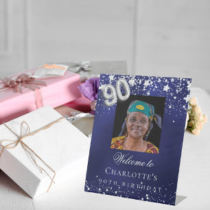 90e verjaardag blauwe zilveren sterren foto welkom reclamebord met voetstuk