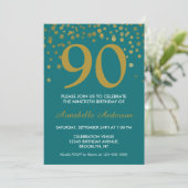 90e Verjaardag Blauwgroen Gouden Sparkle Confetti Kaart (Staand voorkant)