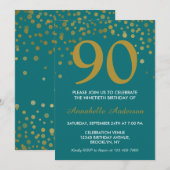 90e Verjaardag Blauwgroen Gouden Sparkle Confetti Kaart (Voorkant / Achterkant)