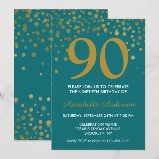 90e Verjaardag Blauwgroen Gouden Sparkle Confetti Kaart (Voorkant / Achterkant)