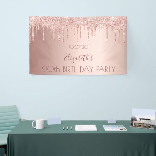 90e verjaardag bloedig roos goud glitter druppelt  spandoek (Beurs)