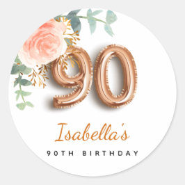 90e verjaardag bloem roos goud eucalyptusmonogram ronde sticker