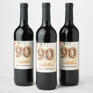 90e verjaardag bloem roos goud eucalyptusmonogram wijn etiket