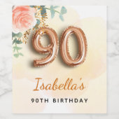 90e verjaardag bloem roos goud eucalyptusmonogram wijn etiket (Enkel label)