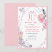 90e verjaardag Bloemenblos Roos Waterverf Party Kaart (Voorkant / Achterkant)