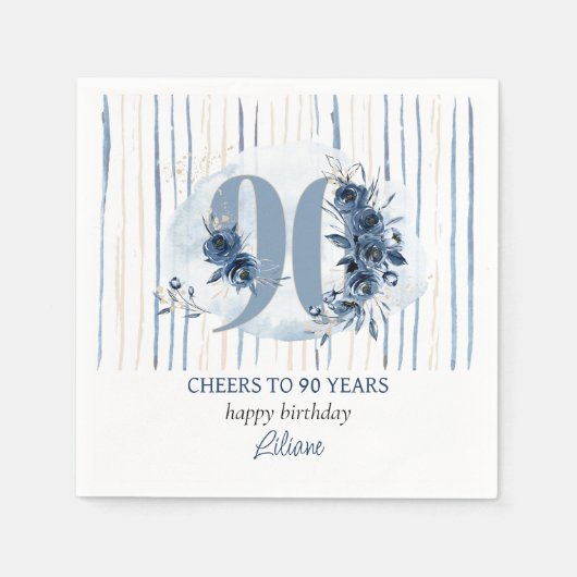 90e verjaardag Bloemennummer Kustblauwe streep Servet (Voorkant)