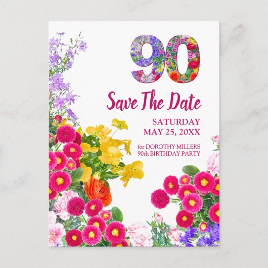 90e verjaardag bloemrijke moderne Save The Date br Aankondigingskaart (Voorkant)