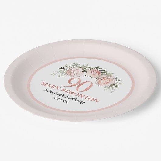 90e verjaardag Blush Pink Floral Elegant Feminine Papieren Bordje (Gekanteld)