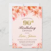 90e verjaardag Blush Pink Gold Floral Dinner Party Kaart (Voorkant)