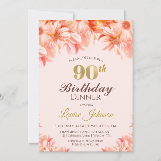 90e verjaardag Blush Pink Gold Floral Dinner Party Kaart (Voorkant)