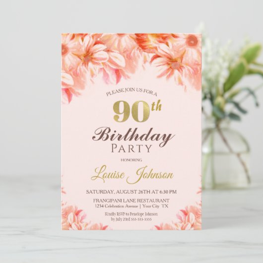 90e verjaardag Blush Pink Gold Floral Party Kaart (Staand voorkant)
