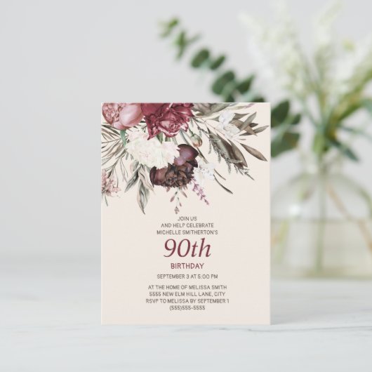 90e verjaardag Bourgogne Ivory Floral Cream Briefkaart (Staand voorkant)