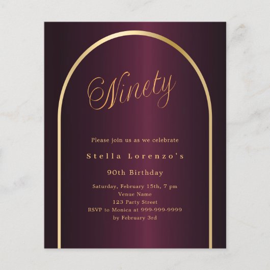 90e verjaardag Bourgondië gouden boog uitnodiging (Voorkant)