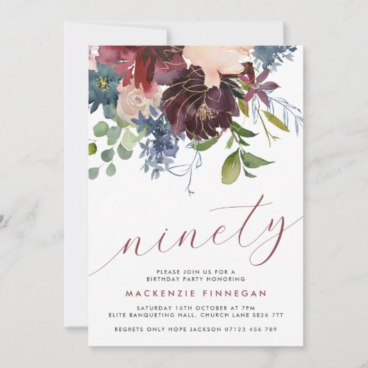 90e verjaardag Bourgondië & marine bloemetjesscrip Kaart (Voorkant)