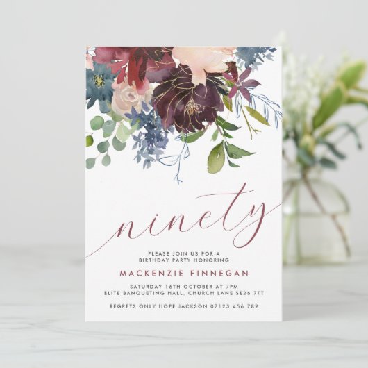 90e verjaardag Bourgondië & marine bloemetjesscrip Kaart (Staand voorkant)