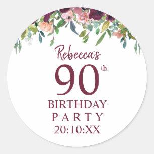 90e verjaardag   Burgundy Marsala Floral Party Ronde Sticker